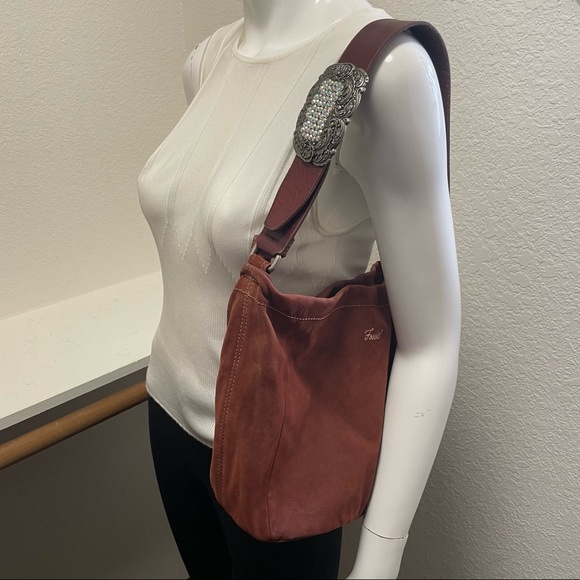 FOSSIL •Brushed Canvas/Wide Leather Strap Shoulder Bag with Rhinestone Buckle - Picture 11 of 12